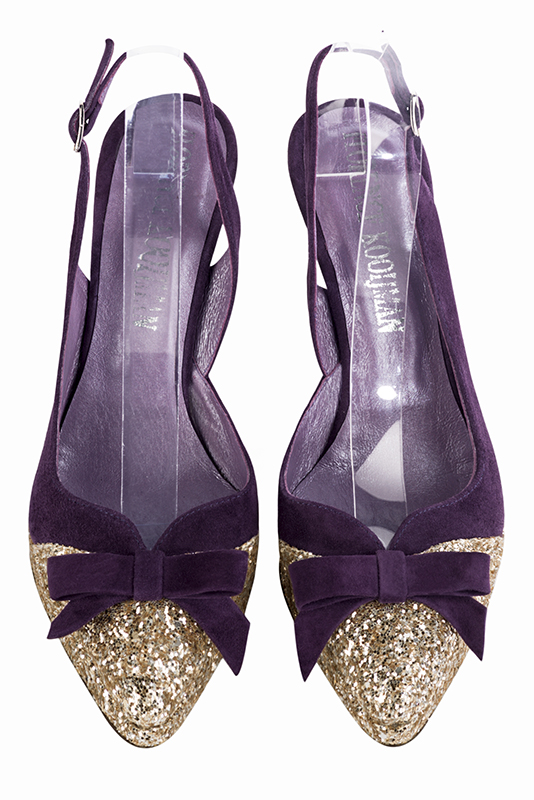 Gold and amethyst purple women's open back shoes, with a knot. Tapered toe. Very high slim heel with a platform at the front. Top view - Florence KOOIJMAN